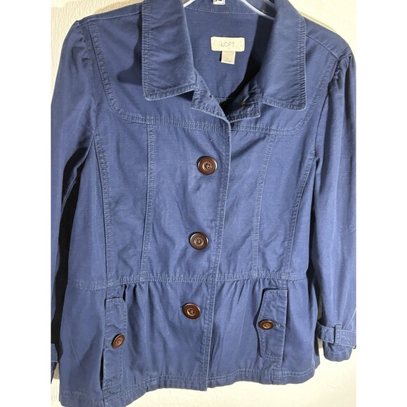 Loft Blue Jean Trench Style Jacket Large Women’s Brown Buttons, Cotton Buckle SL - Picture 7 of 11